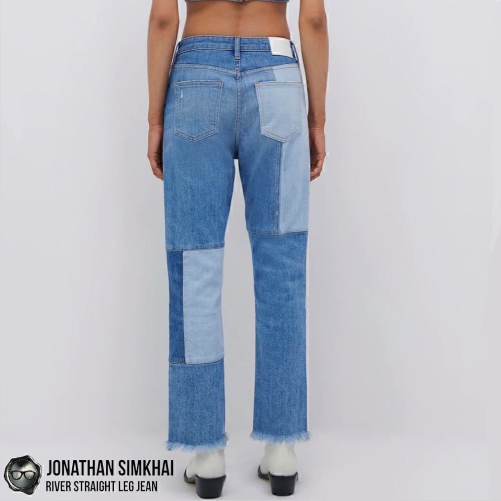 JONATHAN SIMKHAI RIVER STRAIGHT LEG DISTRESSED PATCHWORK JEANS IN INDIGO BLUE 27 - Picture 10 of 16